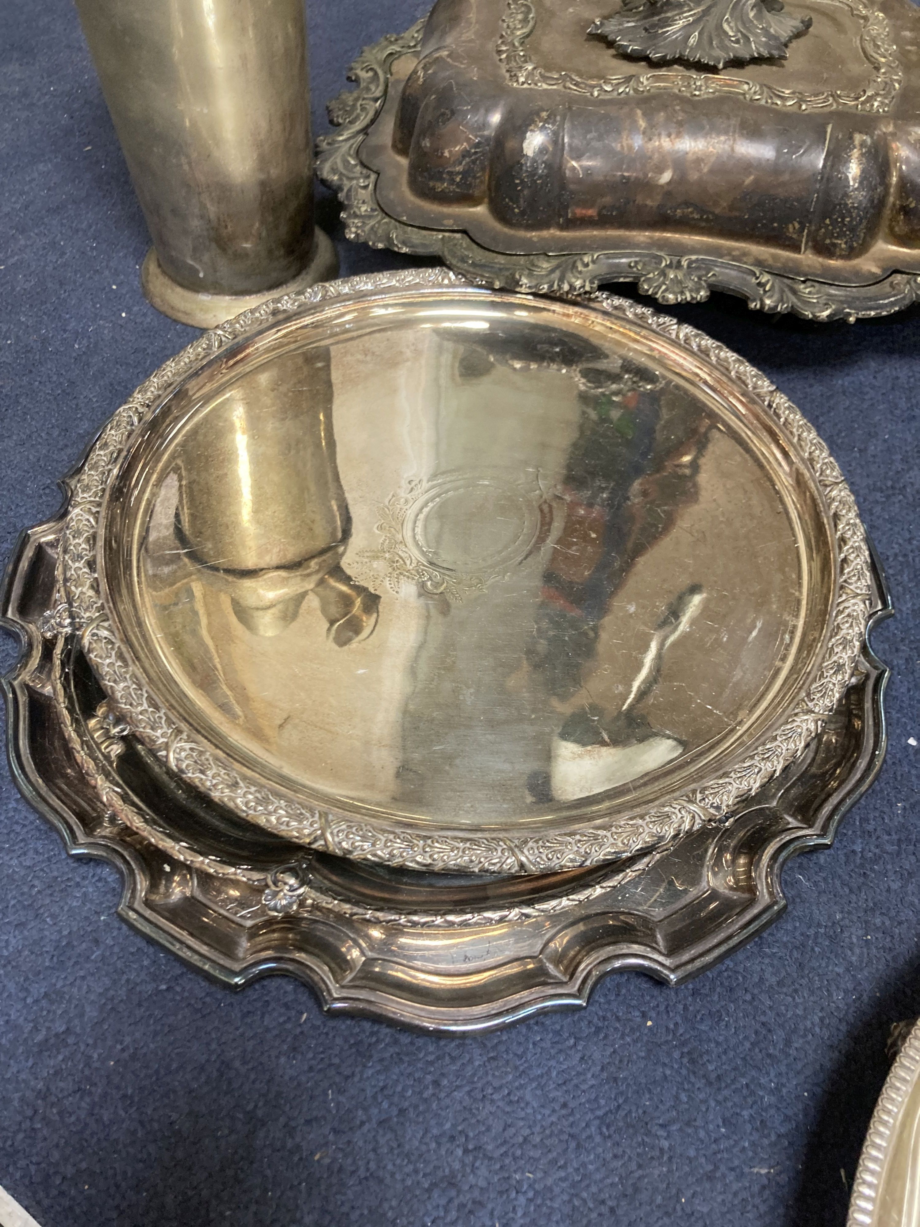 A collection of plated wares including tureen and cover, salvers, flasks, etc.